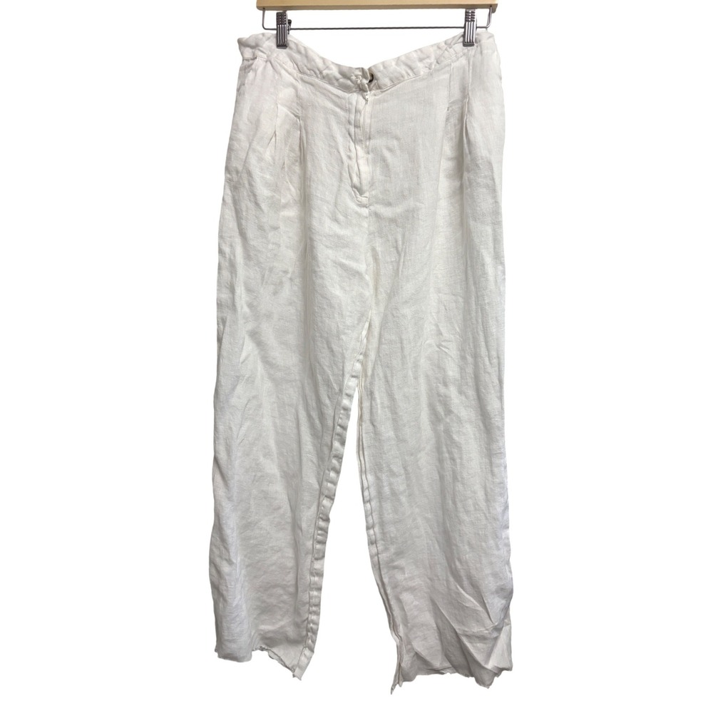 Zara‎ Home White Linen Wide Leg Pants Coastal Summer Trousers Raw Hem Large
